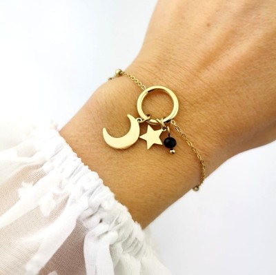 Bransoletka z księżycem gwiazdką czarne kamienie ze STALI CHIRURGICZNEJ złota