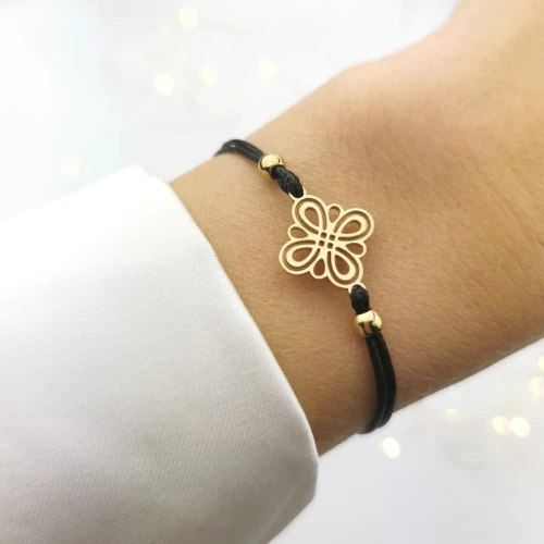 Bransoletka ze STALI CHIRURGICZNEJ rozeta sznurek czarny