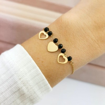 Złota bransoletka STAL CHIRURGICZNA serduszka czarne koraliki 