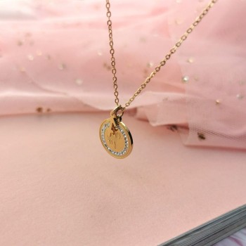 STRZELEC Naszyjnik STAL CHIRURGICZNA Znak zodiaku zawieszka medalion cyrkonie kolor złoty   BLUEBERRY 