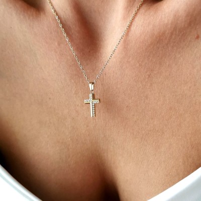 Naszyjnik krzyżyk kryształy ze STALI CHIRURGICZNEJ złoty 