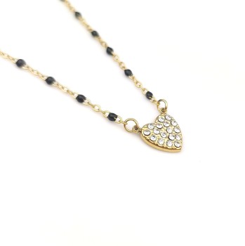 Naszyjnik serduszko czarne koraliki kryształy ze STALI CHIRURGICZNEJ złoty