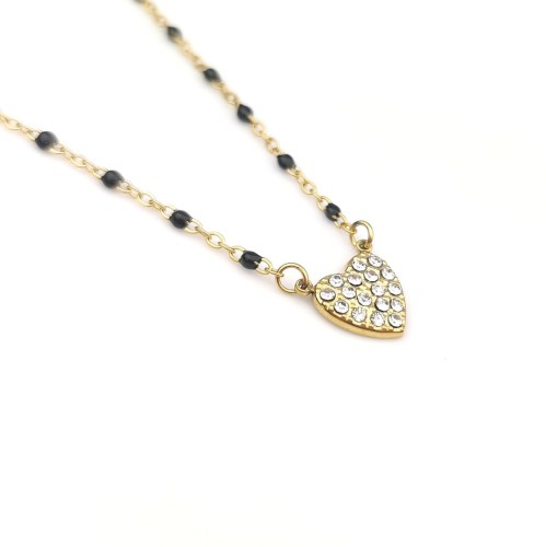 Naszyjnik serduszko czarne koraliki kryształy ze STALI CHIRURGICZNEJ złoty