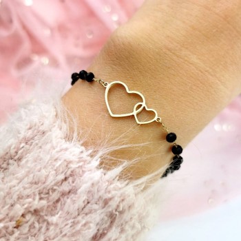 Bransoletka STAL CHIRURGICZNA serduszka czarne koraliki kolor złoty 