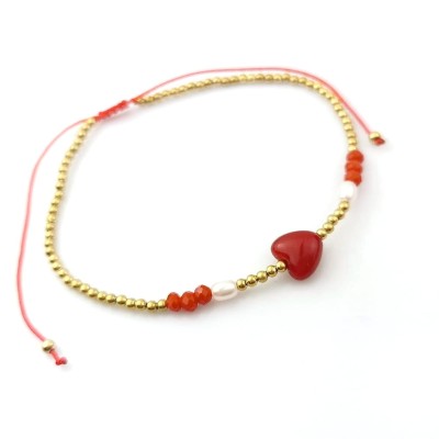 Bransoletka ze STALI CHIRURGICZNEJ serduszko czerwone koraliki  sznurek
