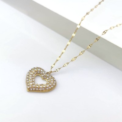  Naszyjnik ze STALI CHIRURGICZNEJ serce kryształy kolor złoty  