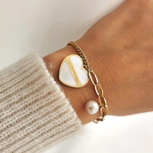 Bransoletka  STAL CHIRURGICZNA serce perła kolor złoty