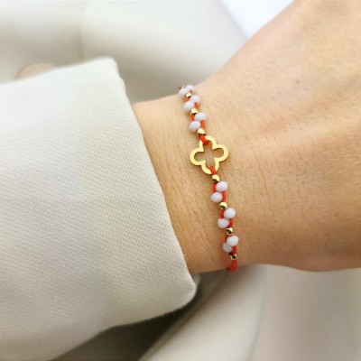 Bransoletka koniczynka kamienie czerwony sznurek ze STALI CHIRURGICZNEJ złota  