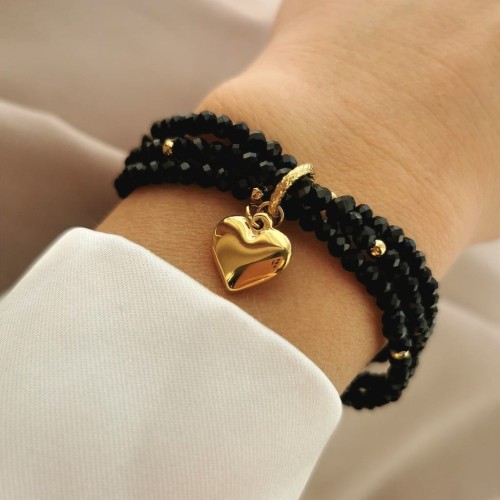 Bransoletka serce czarne koraliki ze STALI CHIRURGICZNEJ złota