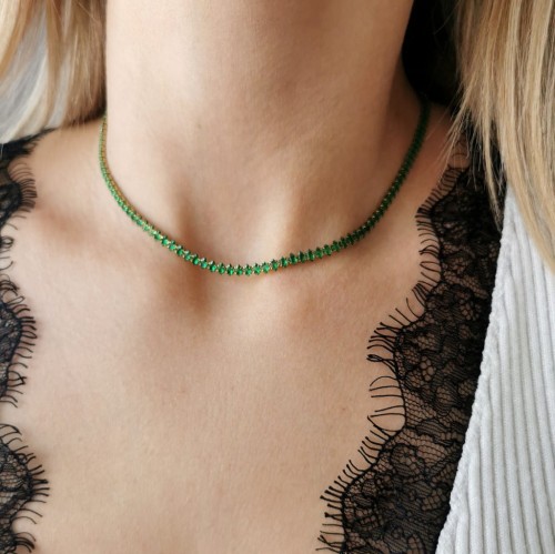 Naszyjnik choker zielone kryształki ze STALI CHIRURGICZNEJ złoty