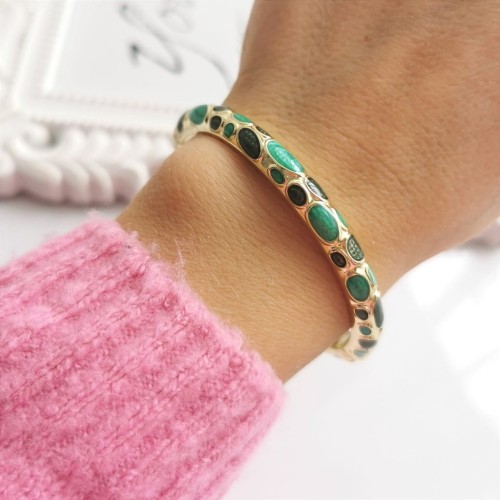 Bransoletka obręcz zielona emalia ze STALI SZLACHETNEJ złota