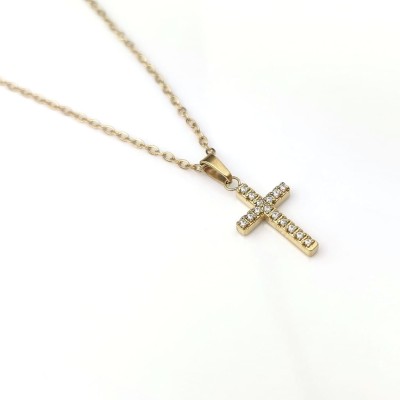 Naszyjnik krzyżyk kryształy ze STALI CHIRURGICZNEJ złoty 