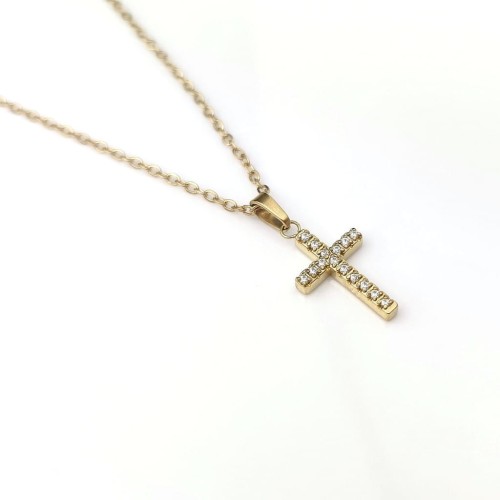 Naszyjnik krzyżyk kryształy ze STALI CHIRURGICZNEJ złoty