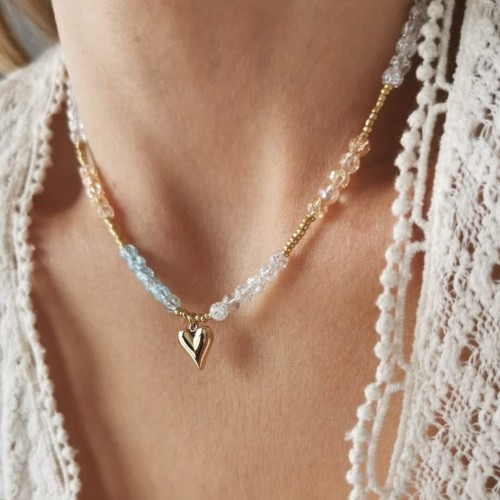 Naszyjnik serduszko niebieskie białe koraliki ze STALI CHIRURGICZNEJ złoty