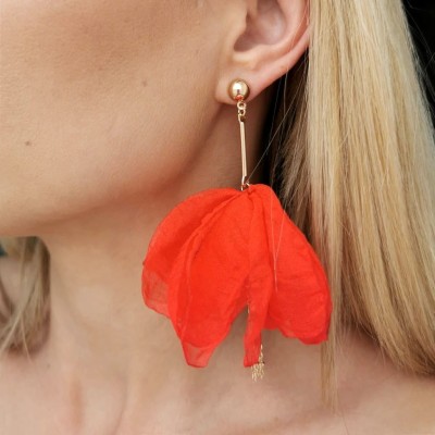 Kolczyki jedwabne KWIATY czerwone z łańcuszkami