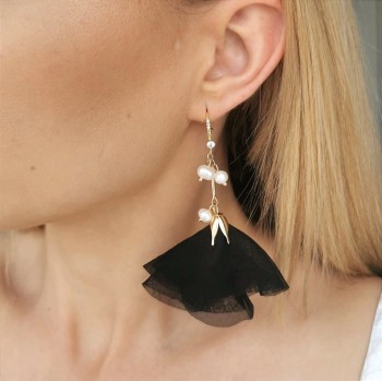 Kolczyki jedwabne KWIATY czarne z perłami