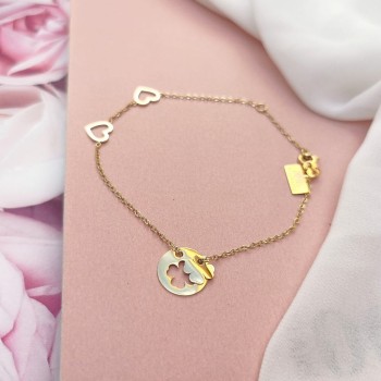 BLUEBERRY Bransoletka  STAL CHIRURGICZNA Zawieszki koniczynka serduszka ażurowe kolor złoty