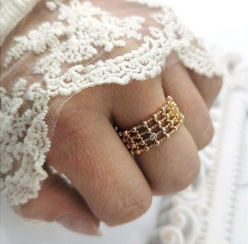  Pierścionek POZŁACANY regulowany pleciony kryształy kolor złoty 