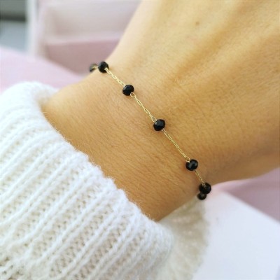 Bransoletka POZŁACANA STAL klasyczna czarne koraliki 
