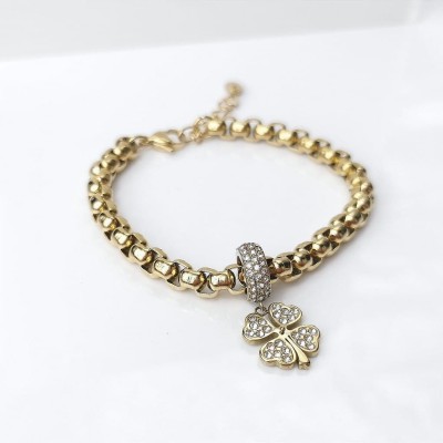 Bransoletka koniczyna kryształy charms POZŁACANA STAL CHIRURGICZNA  