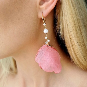 Kolczyki jedwabne KWIATY różowe z perłami  2