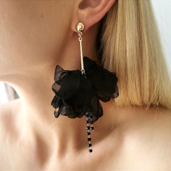 Kolczyki jedwabne KWIATY czarne z kryształkami  