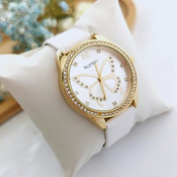 Zegarek damski BIAŁY z kryształami na skórzanym pasku 