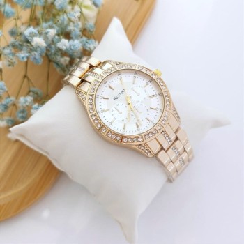 Zegarek damski ekskluzywny ZŁOTY na bransolecie perłowa tarcza kryształki 