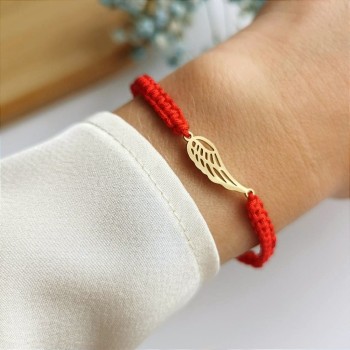  Bransoletka ze STALI CHIRURGICZNEJ złote skrzydło sznurek czerwony 