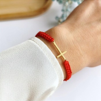  Bransoletka ze STALI CHIRURGICZNEJ złoty krzyżyk sznurek czerwony  