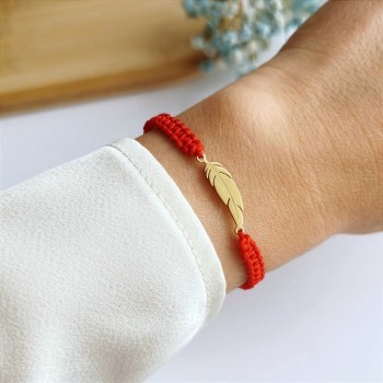  Bransoletka ze STALI CHIRURGICZNEJ złote piórko sznurek czerwony 