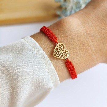  Bransoletka ze STALI CHIRURGICZNEJ złote serce ażurowe sznurek czerwony 