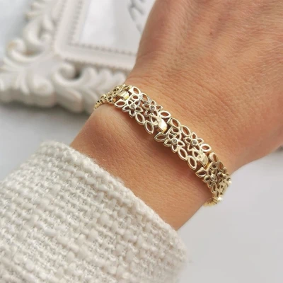 Bransoletka kwiatuszki z cyrkoniami ze STALI SZLACHETNEJ złota  