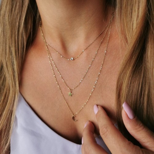 BLUEBERRY Naszyjnik ze STALI CHIRURGICZNEJ Potrójny cyrkonia gwiazdka księżyc kolor złoty