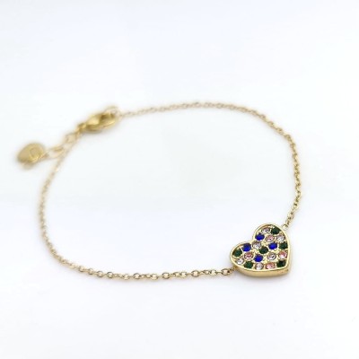 Bransoletka ze STALI CHIRURGICZNEJ serduszka kolorowe kryształy kolor złoty 