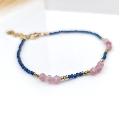 Bransoletka kwarc różowy niebieskie koraliki ze STALI CHIRURGICZNEJ złota 