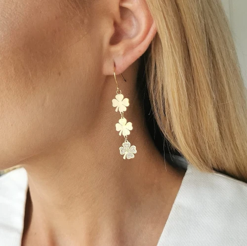 Kolczyki ze STALI CHIRURGICZNEJ koniczynki wiszące kryształki kolor złoty Blueberry