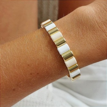 Bransoletka POZŁACANA ze STALI SZLACHETNEJ z beżowymi białymi złotymi elementami 