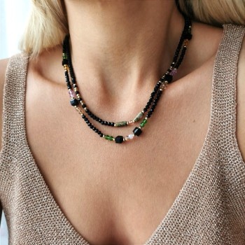 Naszyjnik podwójny czarny turmalin kamienie koraliki ze STALI CHIRURGICZNEJ złoty  