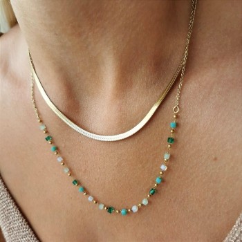 Naszyjnik podwójny żmijka zielone kamienie koraliki ze STALI CHIRURGICZNEJ złoty