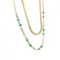 Naszyjnik podwójny żmijka zielone kamienie koraliki ze STALI CHIRURGICZNEJ złoty