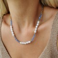 Naszyjnik perły niebieskie kryształki ze STALI CHIRURGICZNEJ złoty