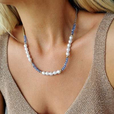 Naszyjnik perły niebieskie kryształki ze STALI CHIRURGICZNEJ złoty