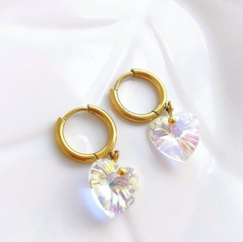 Kolczyki ze STALI CHIRURGICZNEJ koła serduszka opalizujące kryształy złote