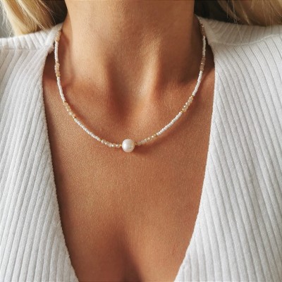 Naszyjnik perła kryształy ze STALI CHIRURGICZNEJ złoty 