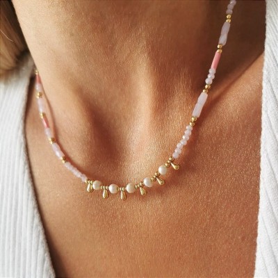 Naszyjnik perełki różowe kryształy ze STALI CHIRURGICZNEJ złoty  