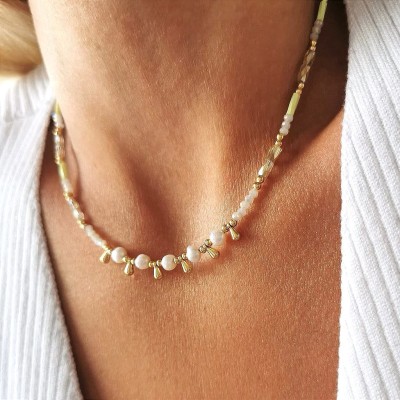 Naszyjnik perełki zielone kryształy ze STALI CHIRURGICZNEJ złoty