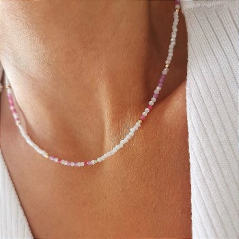 Naszyjnik choker białe fioletowe koraliki kryształy ze STALI CHIRURGICZNEJ złoty 