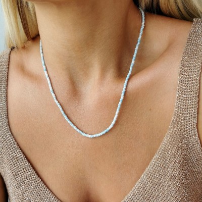 Naszyjnik białe niebieskie koraliki ze STALI CHIRURGICZNEJ srebrny