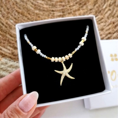 Naszyjnik rozgwiazda białe koraliki kamienie ze STALI CHIRURGICZNEJ 